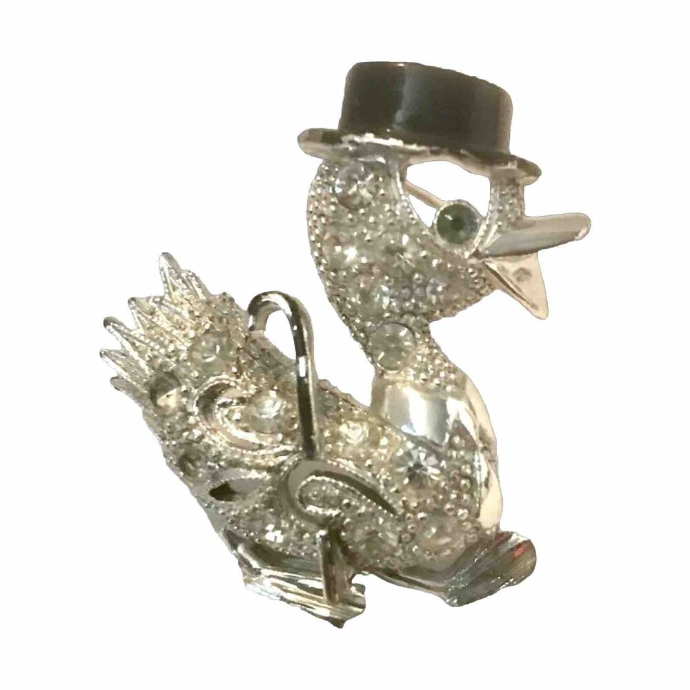 VTG Rhinestone Dapper Duck Brooch Top Hat Cane Silver Kitsch Pin Camp Aesthetic